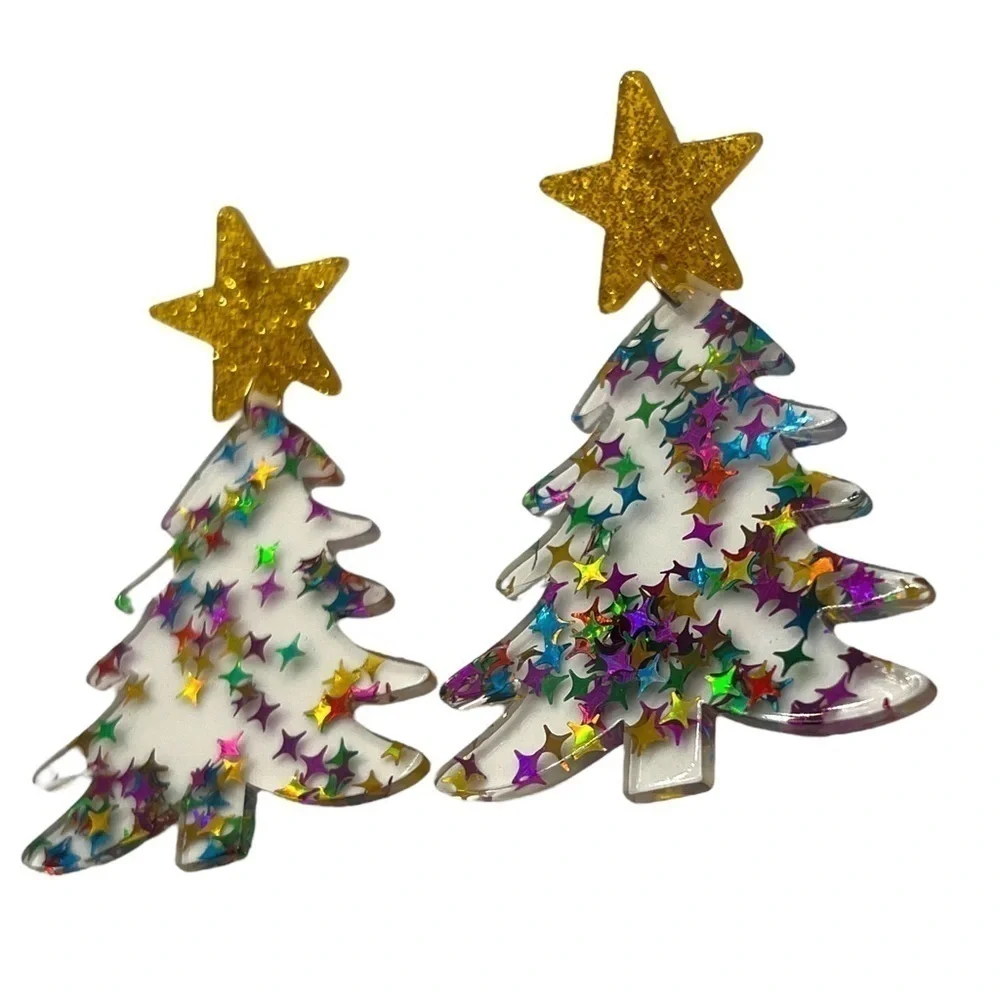 Clear Acrylic Christmas Tree Dangle Earrings Multicolored Stars Festive Jewelry